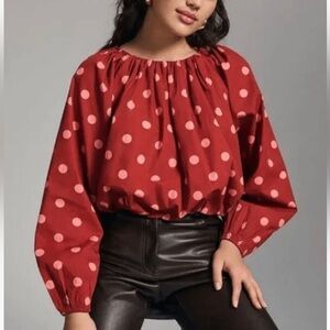 Maeve Red and Pink Polka Dot Bubble Hem Cotton Blouse size L